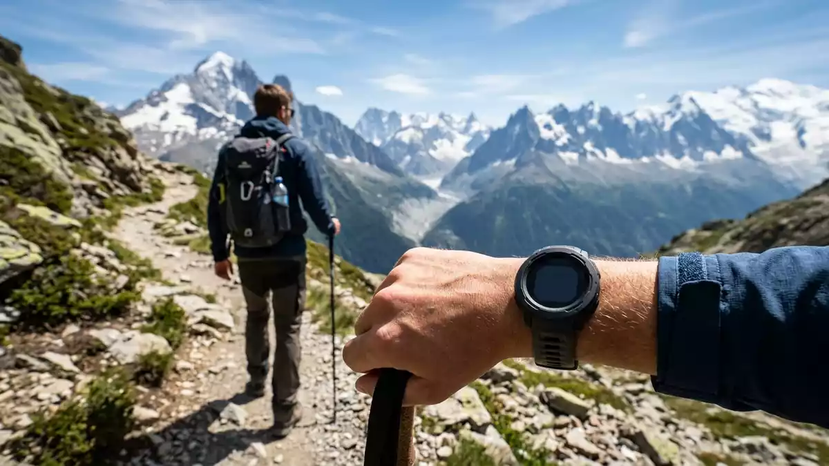 Fotorealistische Ansicht von Multisportuhr beim Wandern in realer Umgebung, neutral