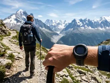 Fotorealistische Aufnahme von Multisportuhr beim Wandern zum Thema Garmin Fenix 8 Solar, natuerliches Licht - Foto: THN