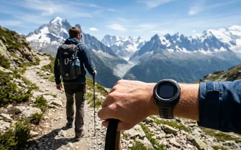 Fotorealistische Aufnahme von Multisportuhr beim Wandern zum Thema Garmin Fenix 8 Solar, natuerliches Licht - Foto: THN