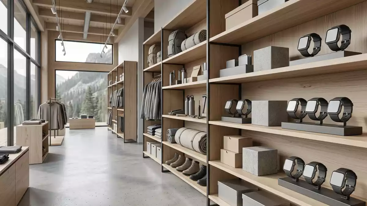 Architektur-Render im Outdoorgeschaeft mit Multisportuhr im Ausstellungsbereich