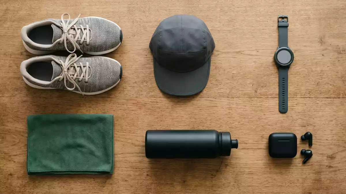 Flatlay-Arrangement rund um Laufuhr mit passenden Requisiten von oben, neutral