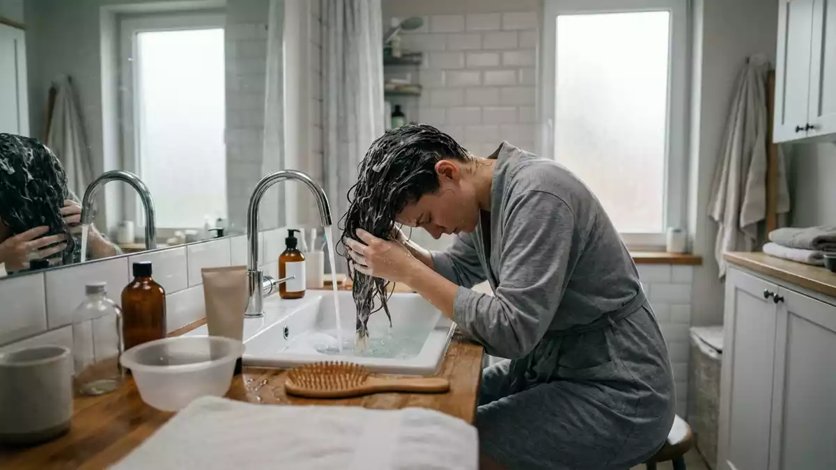 Fotorealistische Ansicht von Haarkur im Badezimmer in realer Umgebung, neutral