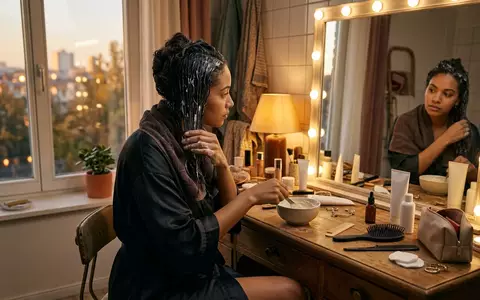 Fotorealistische Aufnahme von Haarkur am Schminktisch zum Thema Olaplex No.3 Hair Perfector, warmes Abendlicht - Foto: THN