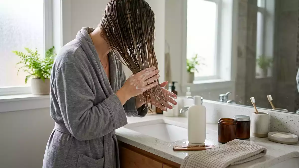 Fotorealistische Ansicht von Haarspuelung im Badezimmer in realer Umgebung, neutral