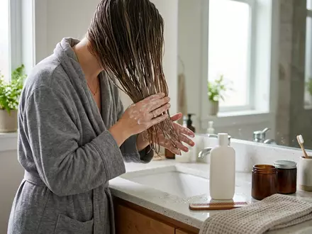 Fotorealistische Aufnahme von Haarspuelung im Badezimmer zum Thema Olaplex No.5 Bond Maintenance, natuerliches Licht - Foto: THN