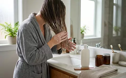 Fotorealistische Aufnahme von Haarspuelung im Badezimmer zum Thema Olaplex No.5 Bond Maintenance, natuerliches Licht - Foto: THN