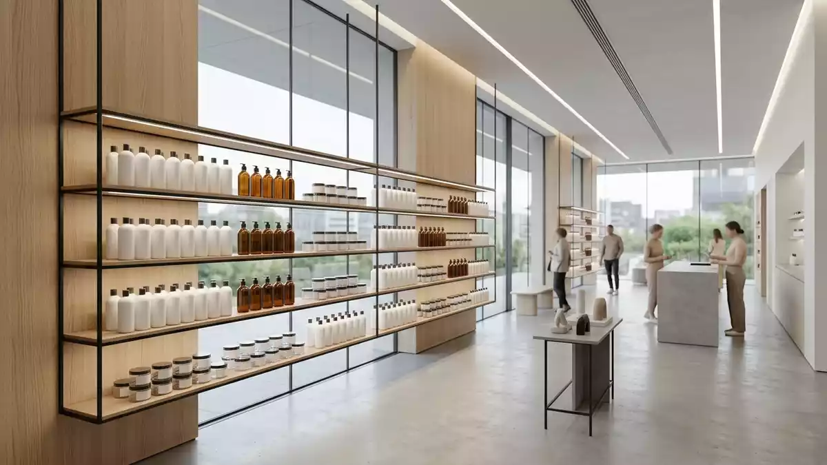 Architektur-Render im Kosmetikgeschaeft mit Haarspuelung im Ausstellungsbereich