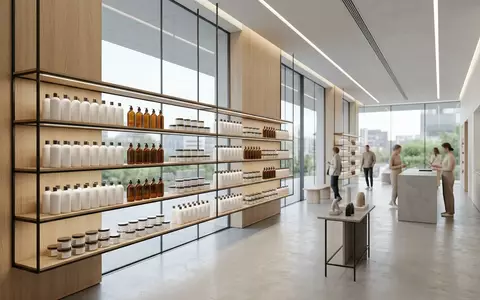 Architektur-Render im Kosmetikgeschaeft mit Haarspuelung zum Thema Olaplex No.5 Bond Maintenance, neutrales Tageslicht - Foto: THN