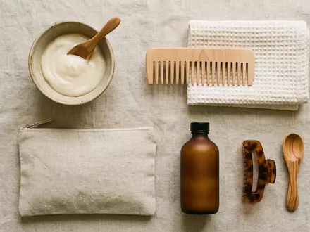 Flatlay-Arrangement rund um Haarspuelung zum Thema Olaplex No.5 Bond Maintenance, weiches Oberlicht - Foto: THN
