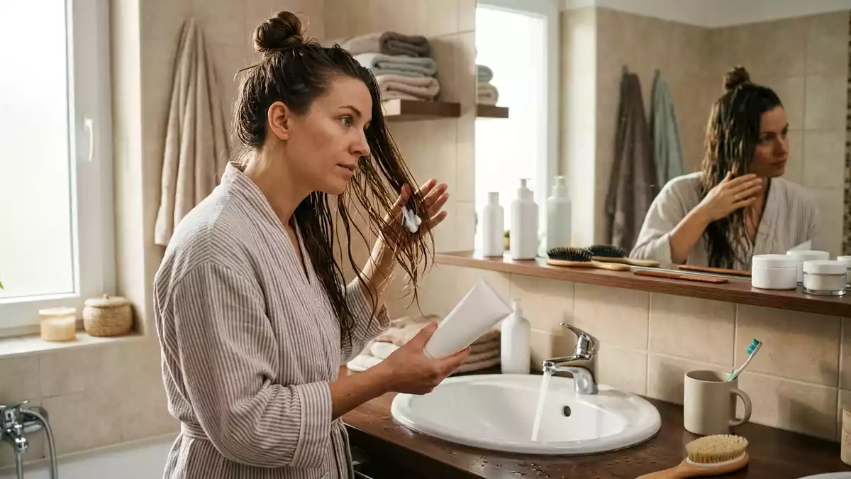 Fotorealistische Ansicht von Haarpflege im Badezimmer in realer Umgebung, neutral