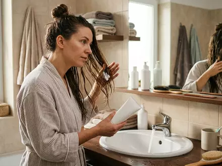 Fotorealistische Aufnahme von Haarpflege im Badezimmer zum Thema Olaplex No.6 Bond Smoother, natuerliches Licht - Foto: THN