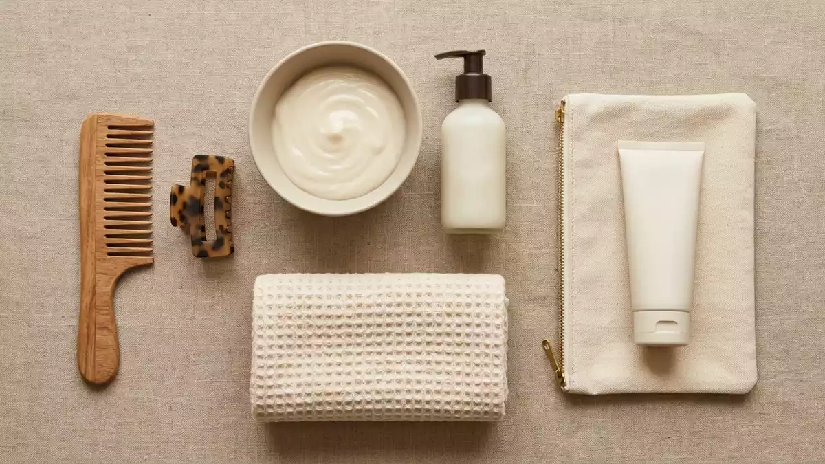 Flatlay-Arrangement rund um Haarpflege mit passenden Requisiten von oben, neutral
