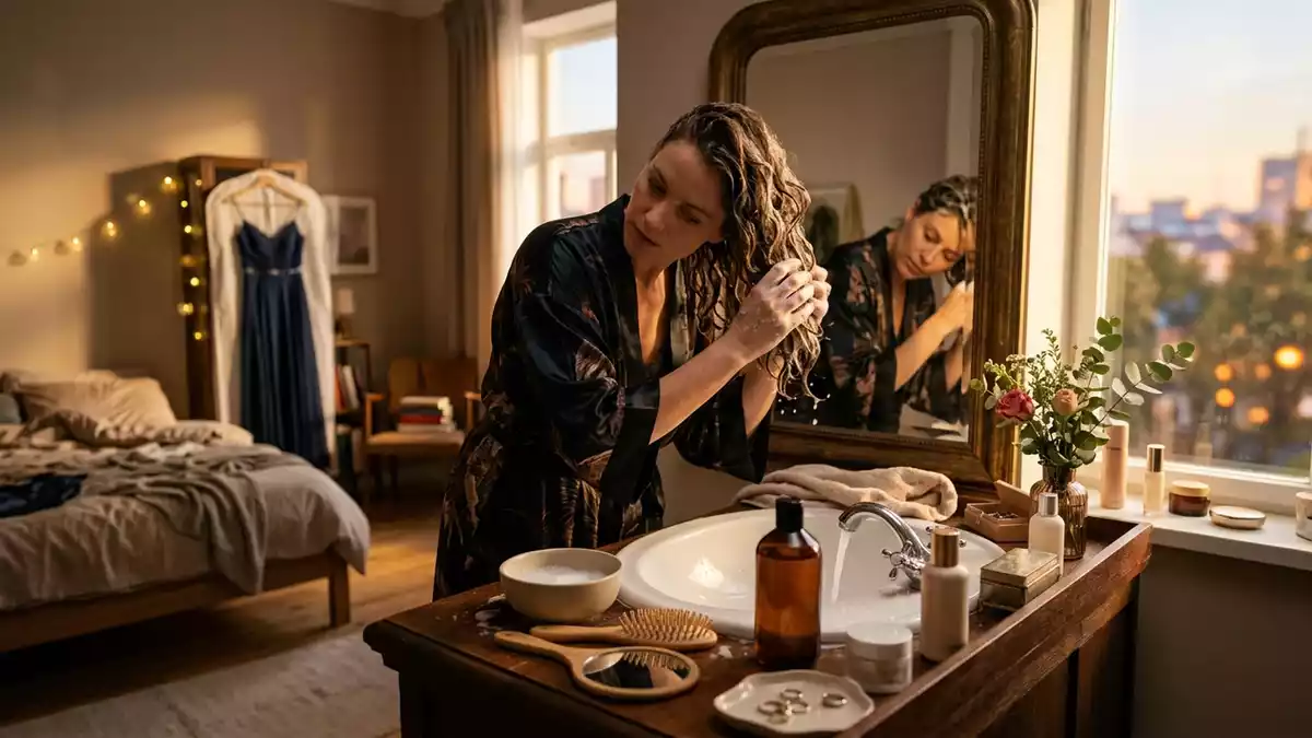 Fotorealistische Ansicht von Shampoo am Schminktisch in warmem Abendlicht, neutral