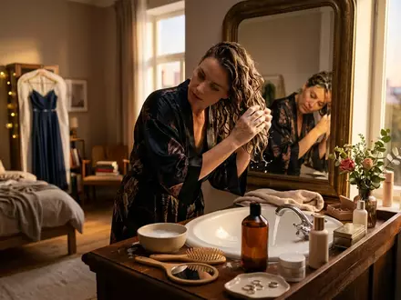 Fotorealistische Aufnahme von Shampoo am Schminktisch zum Thema Olaplex No.4 Bond Maintenance, warmes Abendlicht - Foto: THN