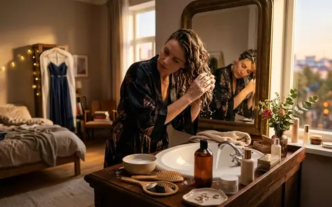 Fotorealistische Aufnahme von Shampoo am Schminktisch zum Thema Olaplex No.4 Bond Maintenance, warmes Abendlicht - Foto: THN