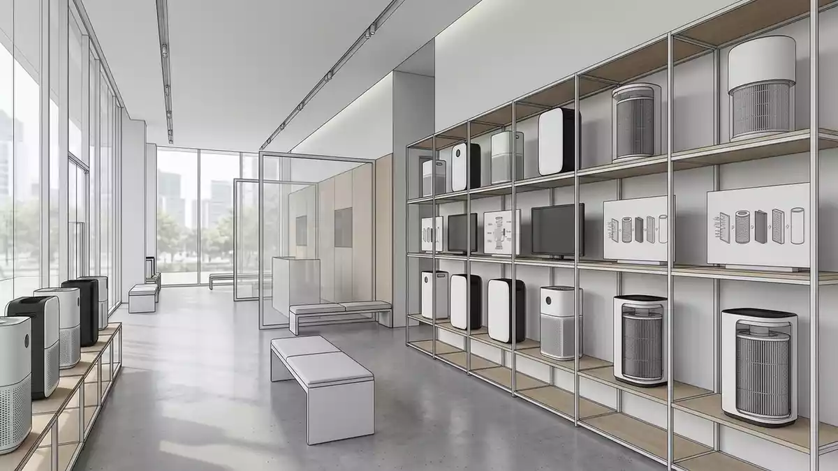 Architektur-Render im Hausgeraetegeschaeft mit Luftreiniger im Ausstellungsbereich