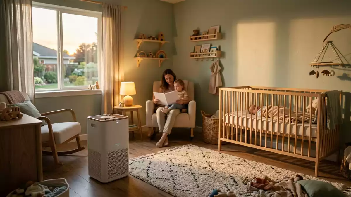 Fotorealistische Ansicht von Luftreiniger im Kinderzimmer in warmem Abendlicht