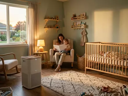 Fotorealistische Aufnahme von Luftreiniger im Kinderzimmer zum Thema Xiaomi Air Purifier Elite, warmes Abendlicht - Foto: THN