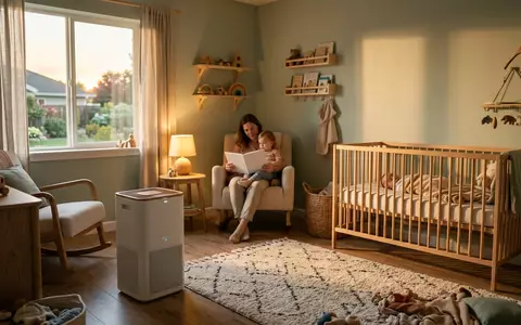 Fotorealistische Aufnahme von Luftreiniger im Kinderzimmer zum Thema Xiaomi Air Purifier Elite, warmes Abendlicht - Foto: THN