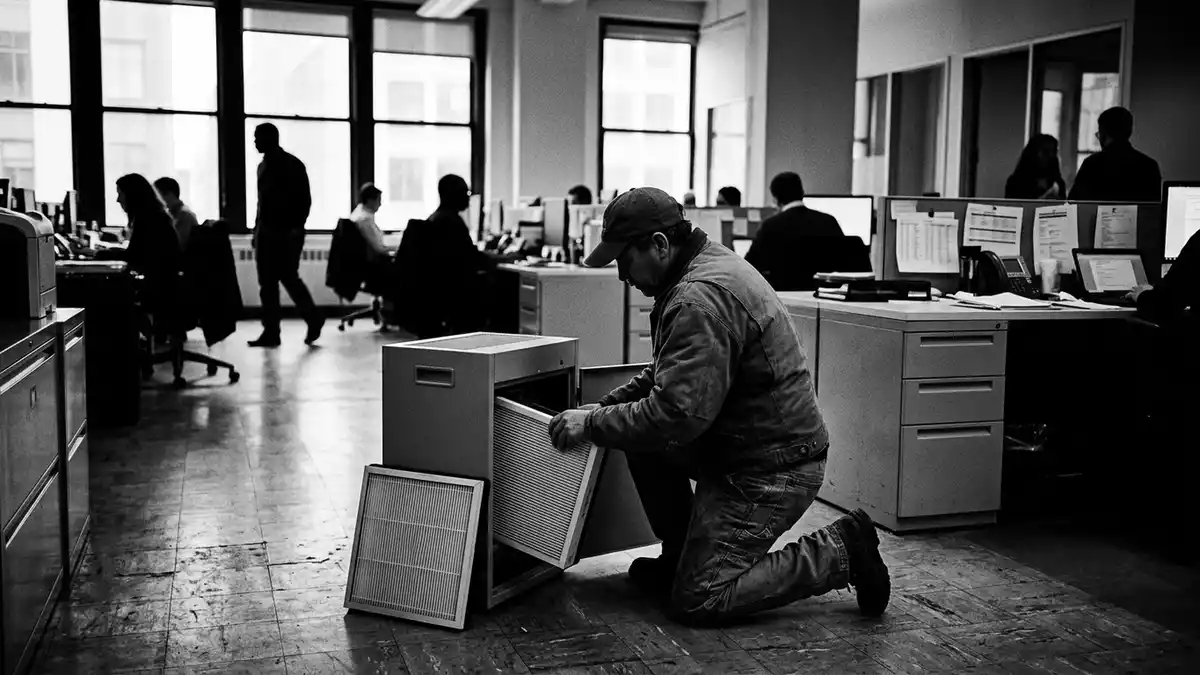 Schwarzweiss-Reportagebild mit Luftreiniger in dokumentarischer Arbeitsumgebung