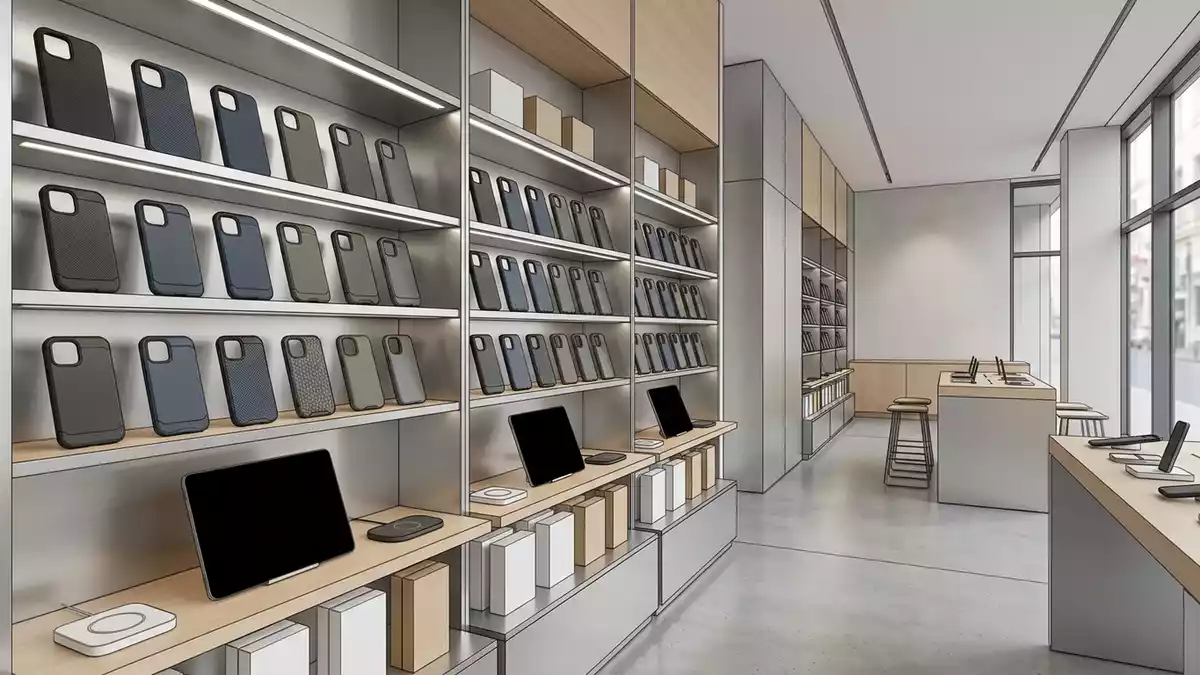 Architektur-Render im Handyzubehoerladen mit Telefonschutzhulle im Ausstellungsbereich