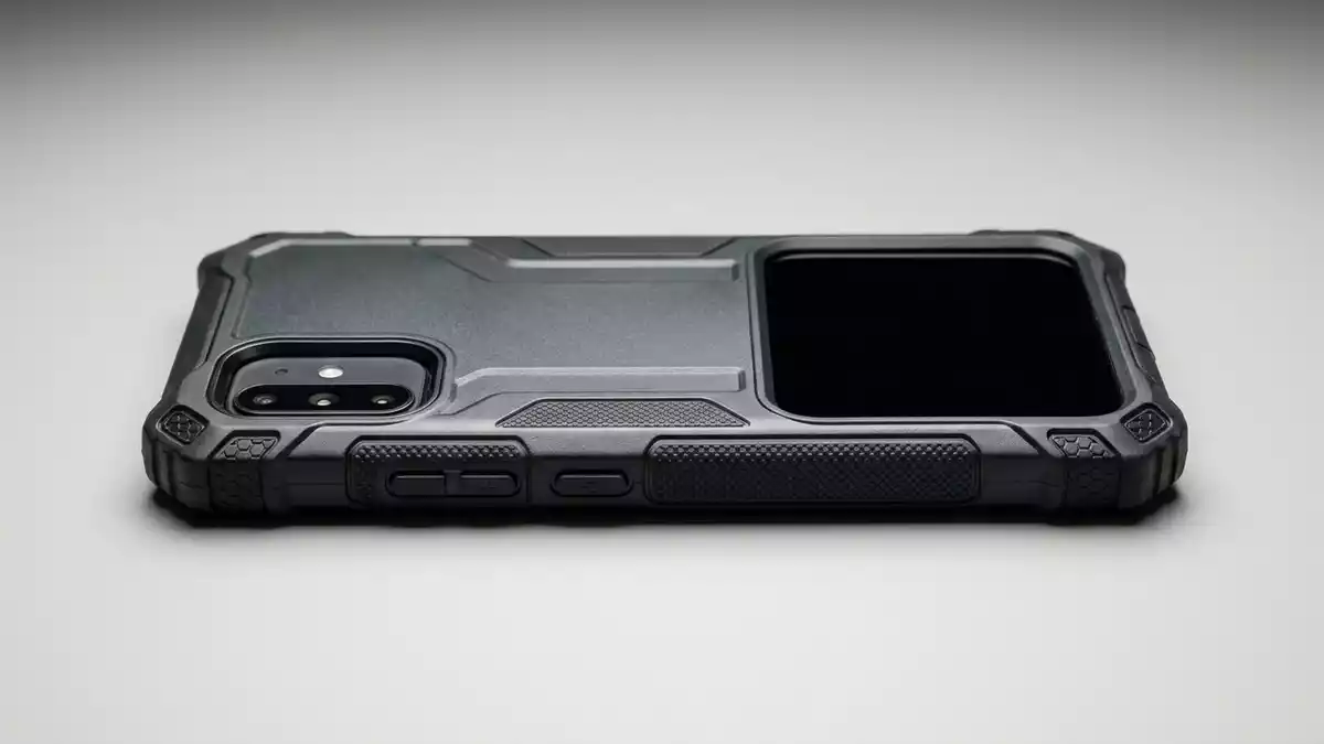 Fotorealistische Studioansicht von Telefonschutzhulle in neutraler Produktdarstellung