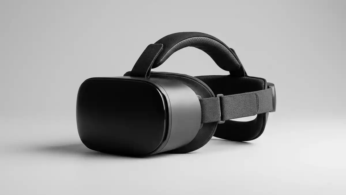 Fotorealistische Studioansicht von VR-Headset in neutraler Produktdarstellung, neutral