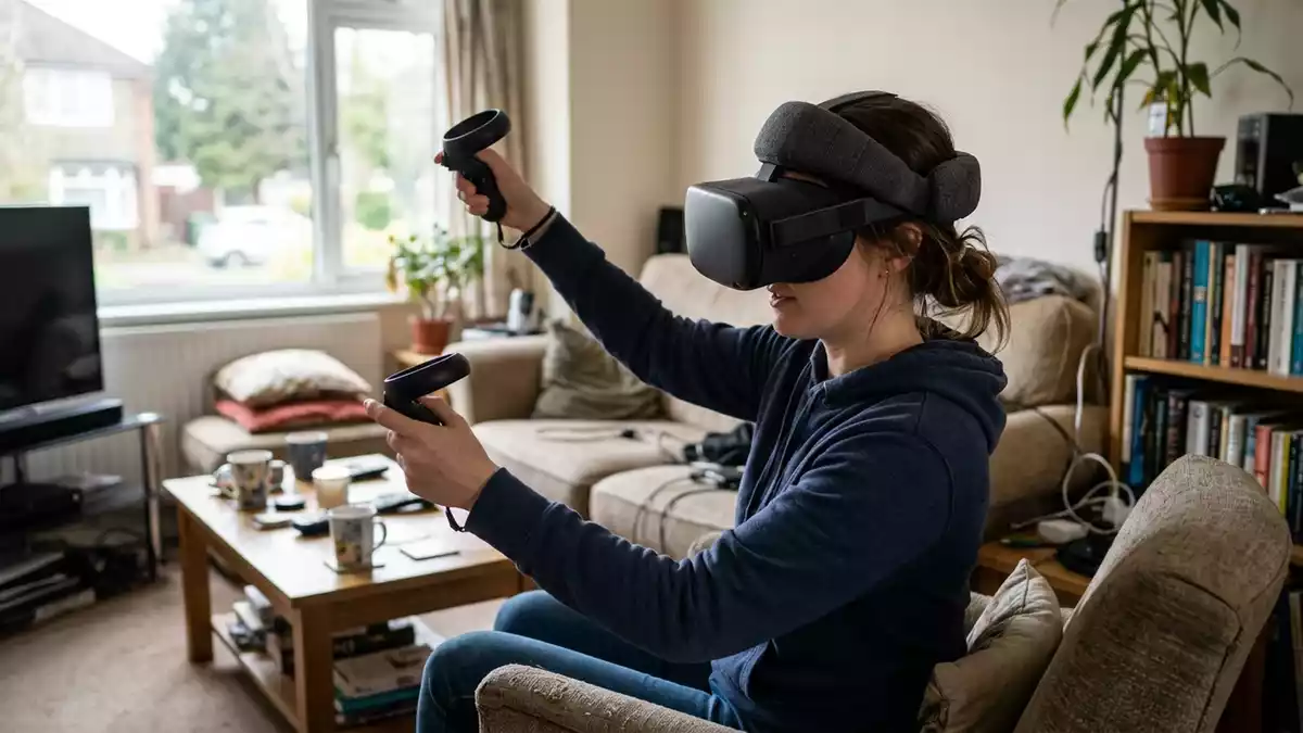 Fotorealistische Ansicht von VR-Headset im Wohnzimmer in realer Umgebung, neutral