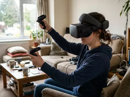 Fotorealistische Aufnahme von VR-Headset im Wohnzimmer zum Thema Meta Quest 3 128GB, natuerliches Licht - Foto: THN