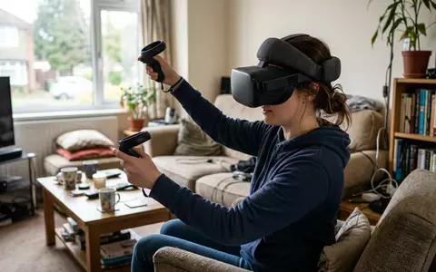 Fotorealistische Aufnahme von VR-Headset im Wohnzimmer zum Thema Meta Quest 3 128GB, natuerliches Licht - Foto: THN