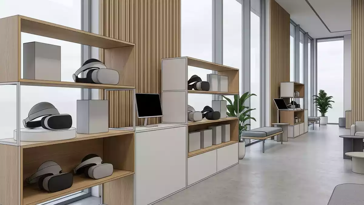 Architektur-Render im Technikshowroom mit VR-Headset im Ausstellungsbereich, neutral