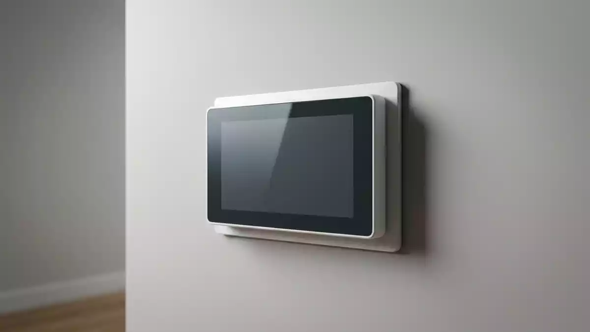 Fotorealistische Studioansicht von Wandthermostat in neutraler Produktdarstellung