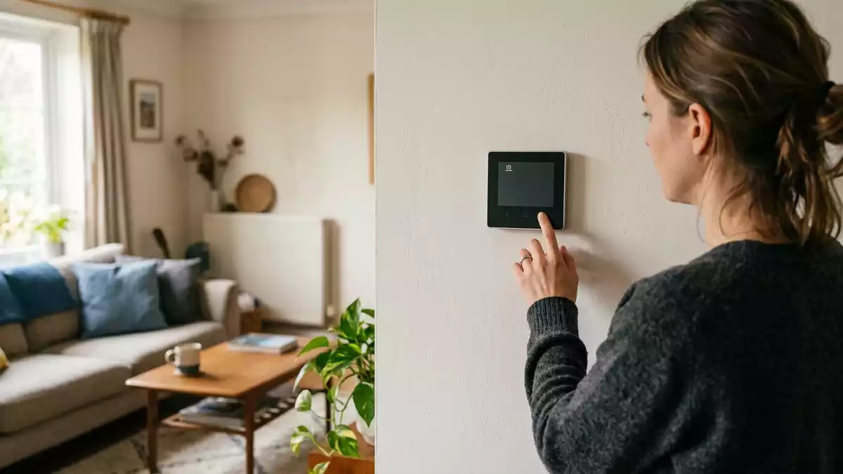 Fotorealistische Ansicht von Wandthermostat im Wohnzimmer in realer Umgebung, neutral