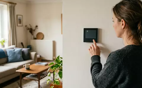 Fotorealistische Aufnahme von Wandthermostat im Wohnzimmer zum Thema Meross Smartes WLAN Thermostat, natuerliches Licht - Foto: THN