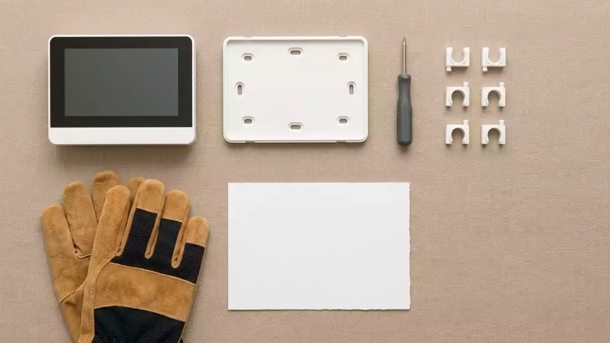 Flatlay-Arrangement rund um Wandthermostat mit passenden Requisiten von oben, neutral