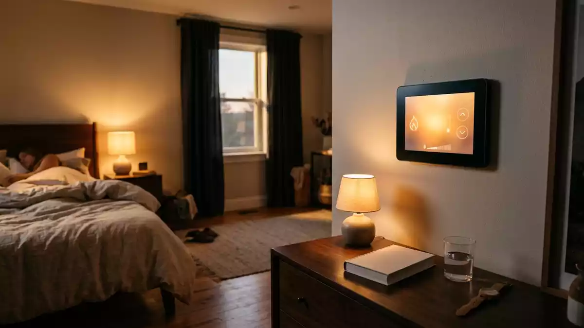 Fotorealistische Ansicht von Wandthermostat im Schlafzimmer in warmem Abendlicht