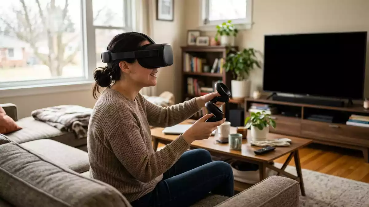 Fotorealistische Ansicht von VR-Headset im Wohnzimmer in realer Umgebung, neutral