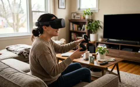 Fotorealistische Aufnahme von VR-Headset im Wohnzimmer zum Thema Meta Quest 3 512GB, natuerliches Licht - Foto: THN