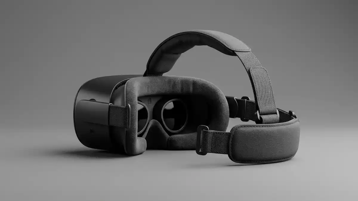 Fotorealistische Studioansicht von VR-Headset in neutraler Produktdarstellung, neutral