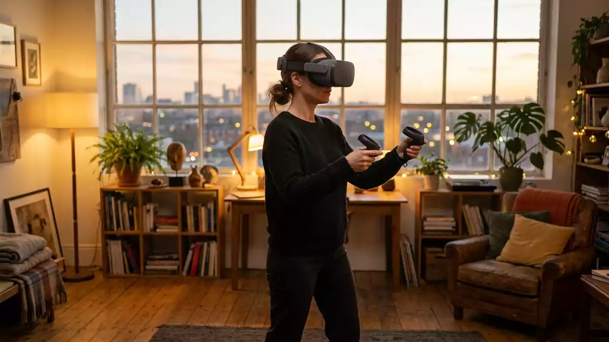 Fotorealistische Ansicht von VR-Headset im Studio in warmem Abendlicht, neutral