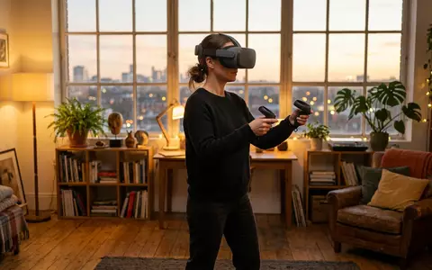 Fotorealistische Aufnahme von VR-Headset im Studio zum Thema Meta Quest 3S 128GB, warmes Abendlicht - Foto: THN