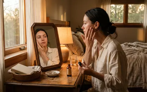 Fotorealistische Aufnahme von Gesichtsserum am Spiegel zum Thema Estée Lauder Advanced Night, warmes Abendlicht - Foto: THN