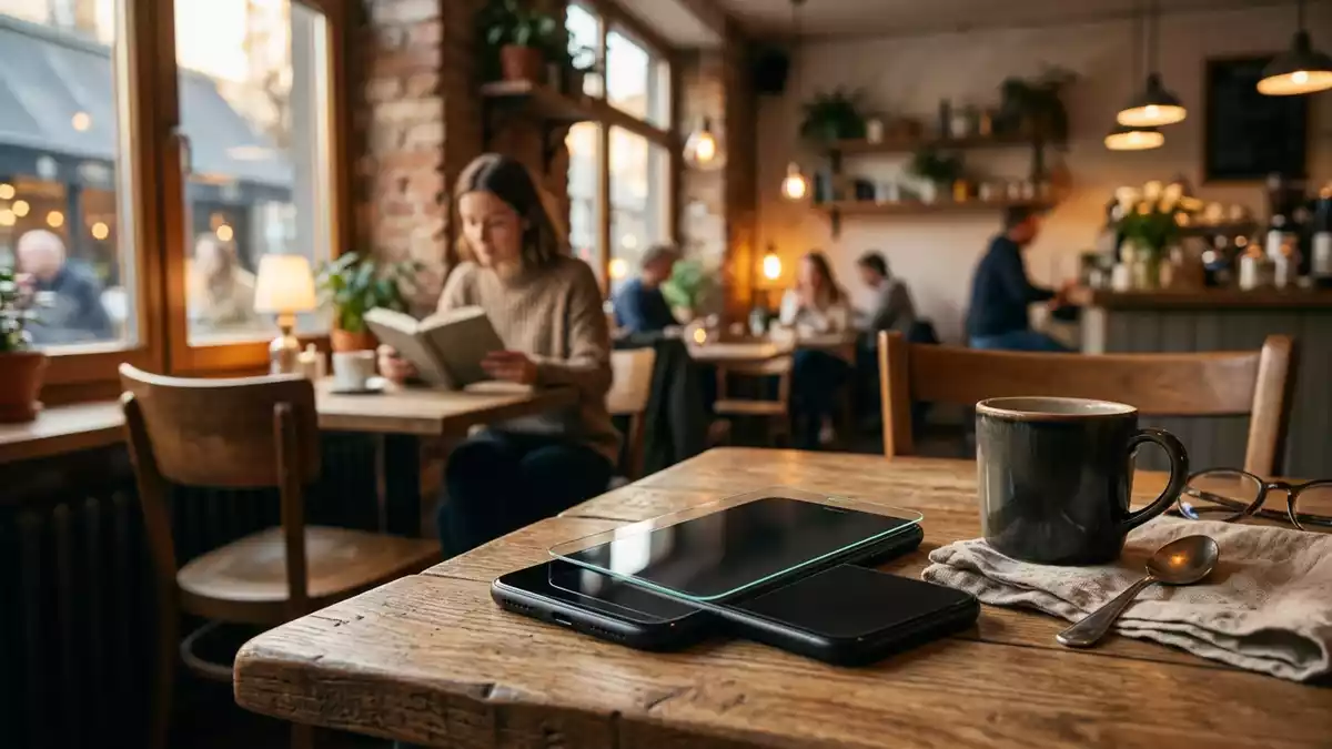 Fotorealistische Ansicht von Displayschutzglas im Cafe in warmem Abendlicht, neutral