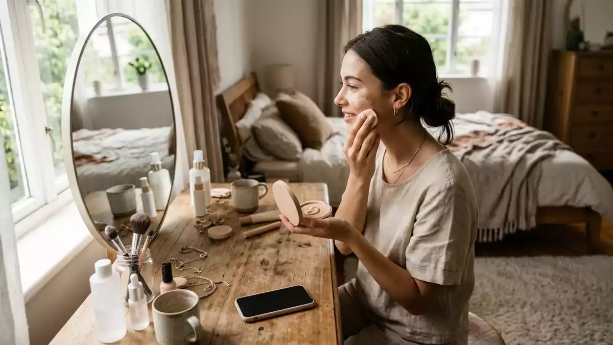 Fotorealistische Ansicht von Mousse Foundation am Schminktisch in realer Umgebung