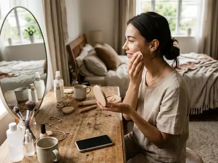 Fotorealistische Aufnahme von Mousse Foundation am Schminktisch zum Thema essence Soft Touch Mousse, natuerliches Licht - Foto: THN