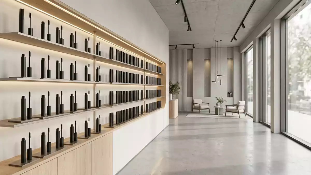 Architektur-Render im Kosmetikfachhandel mit Wimperntusche im Ausstellungsbereich