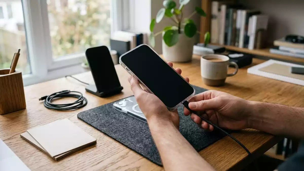 Fotorealistische Ansicht von Smartphonehuelle am Schreibtisch in realer Umgebung