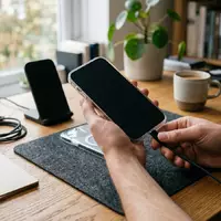 Fotorealistische Aufnahme von Smartphonehuelle am Schreibtisch zum Thema ESR HaloLock MagSafe Hülle, natuerliches Licht - Foto: THN