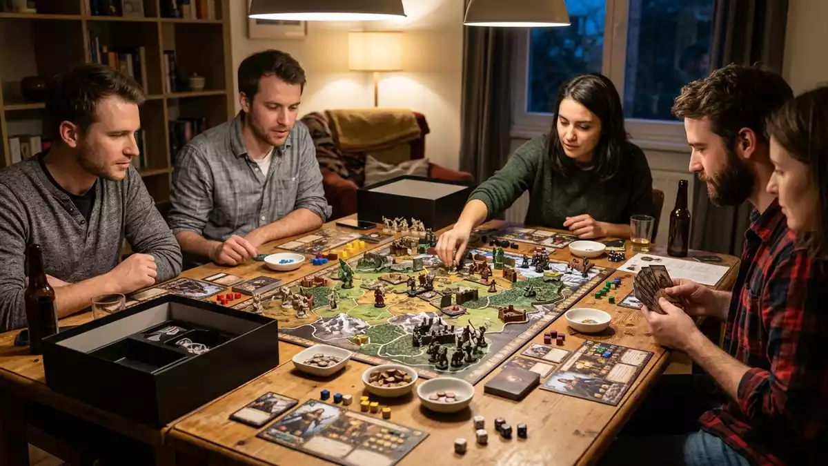 Fotorealistische Ansicht von Spielerweiterung beim Spieleabend in realer Umgebung