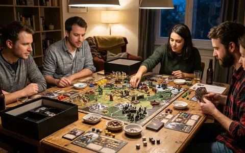 Fotorealistische Aufnahme von Spielerweiterung beim Spieleabend zum Thema Catan, natuerliches Licht, sachlich dargestellt - Foto: THN